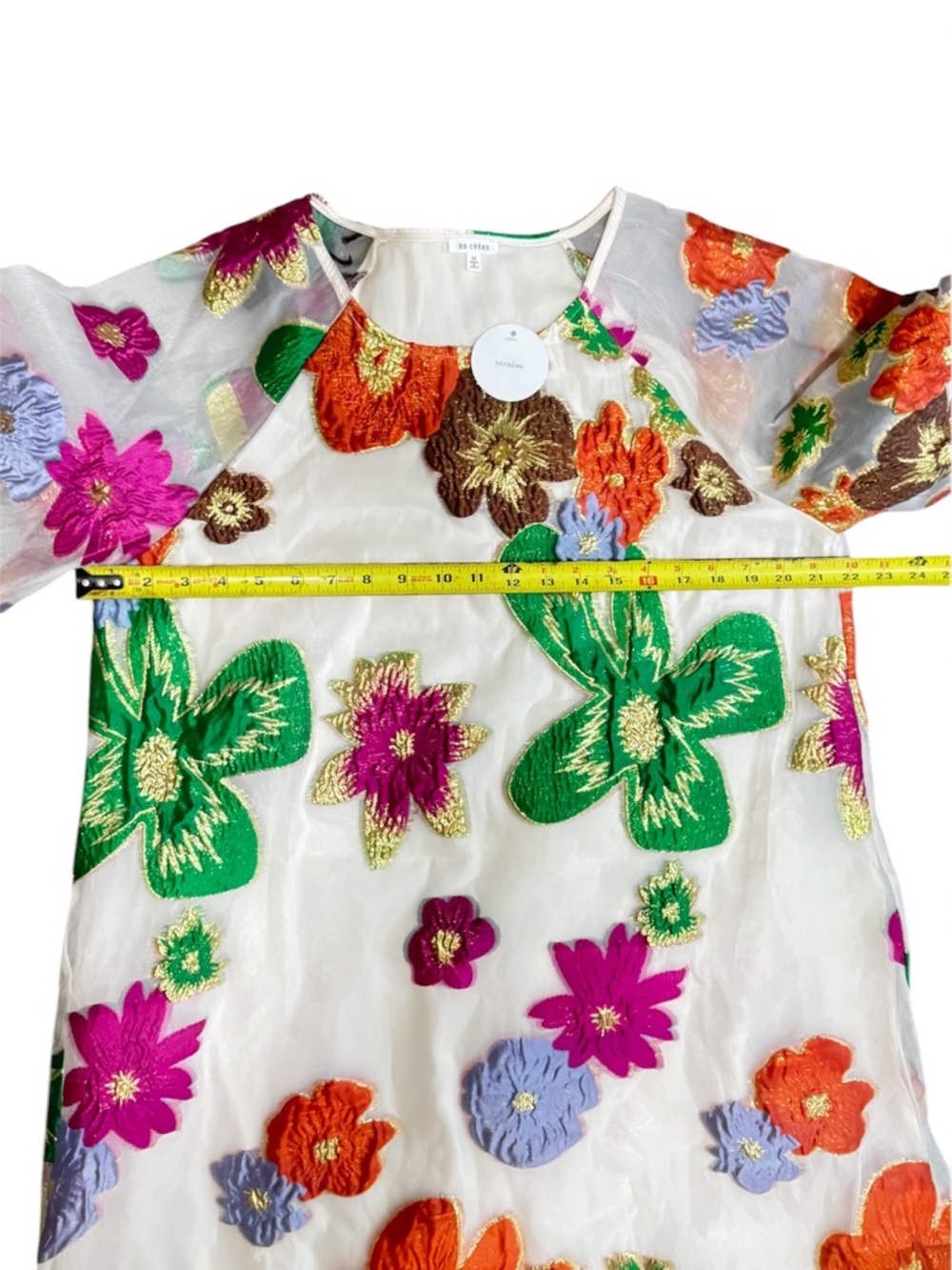 En Crème Floral Organza Bubble Sleeve Mini Dress long sleeve womens Sz Medium - Picture 13 of 13